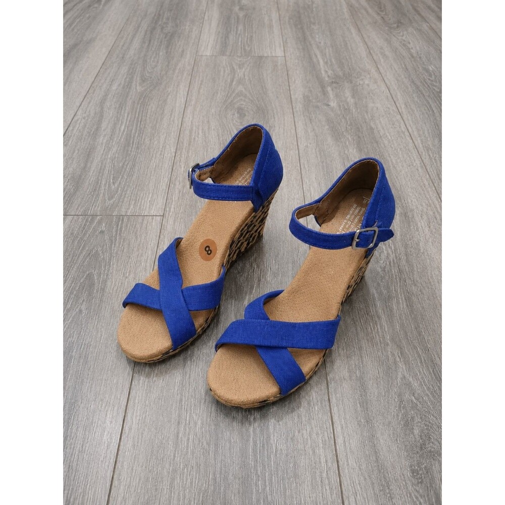 TOMS Womens Size 8 Blue Canvas Espadrille Wedge Sandals Ankle Strap